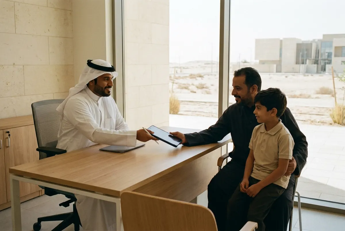 موظف قبول يعرض عقد تسجيل رقمياً على ولي أمر وابنه