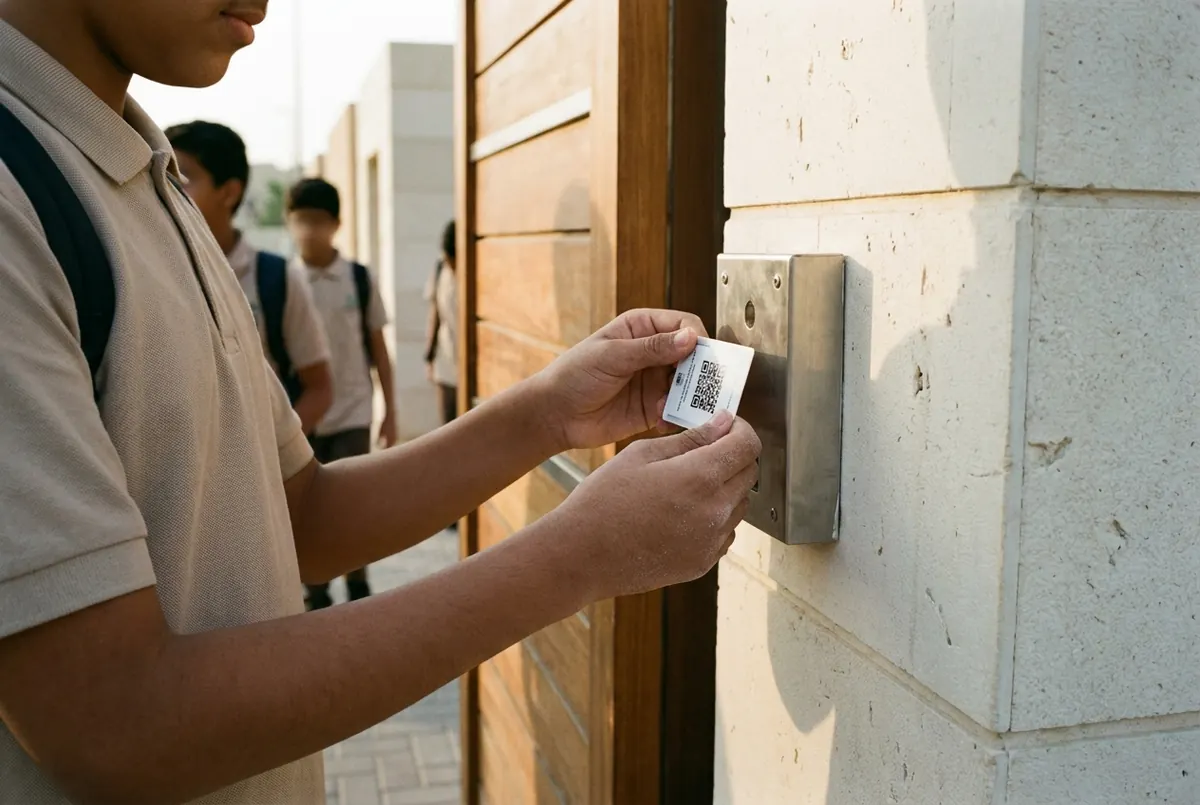 طالب يمسح بطاقة QR عند بوابة المدرسة