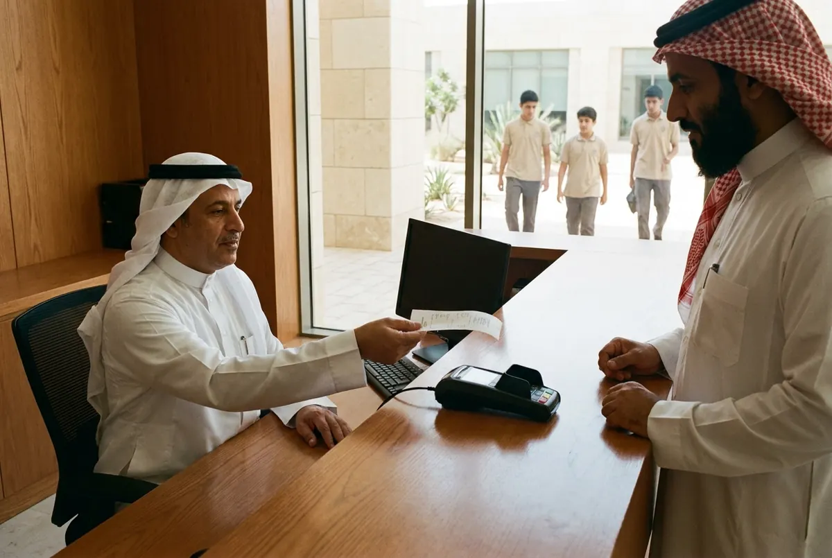 موظف حسابات في مدرسة يسلّم إيصال رسوم لولي أمر